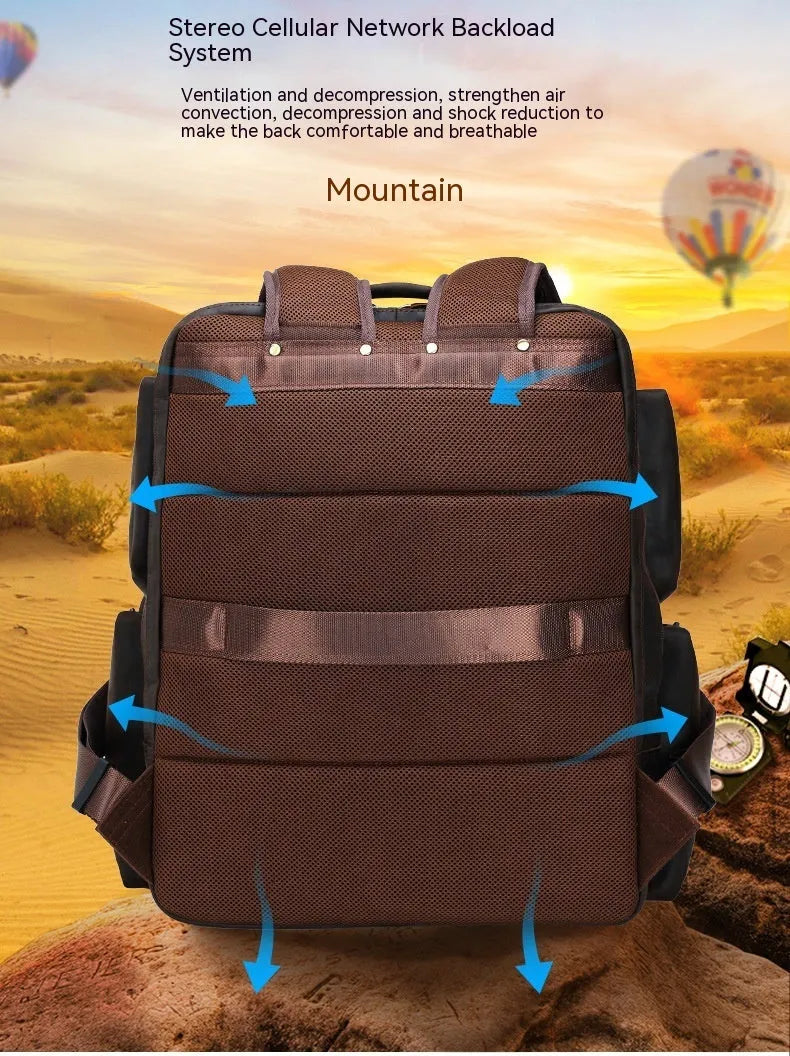 Dark brown retro leather backpack for men with a 17-inch laptop compartment open.