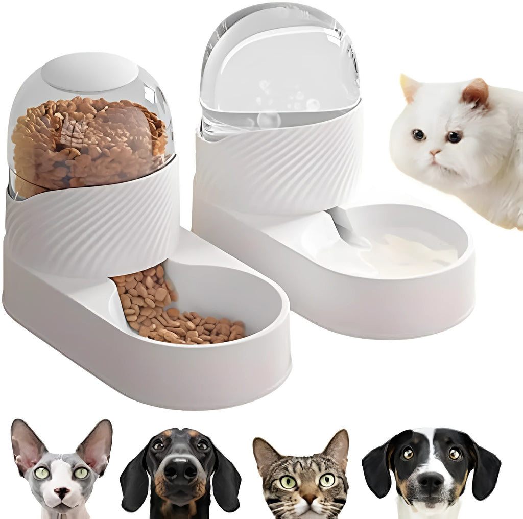 White gravity cat feeder and water dispenser set with wave design on a table.