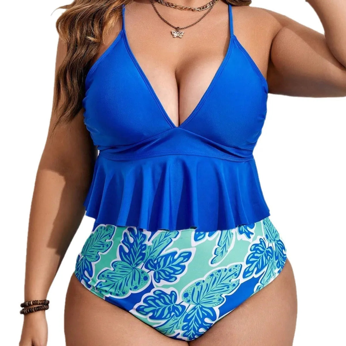 Blue polyester bikini set for women in extended sizes 0XL to 4XL.