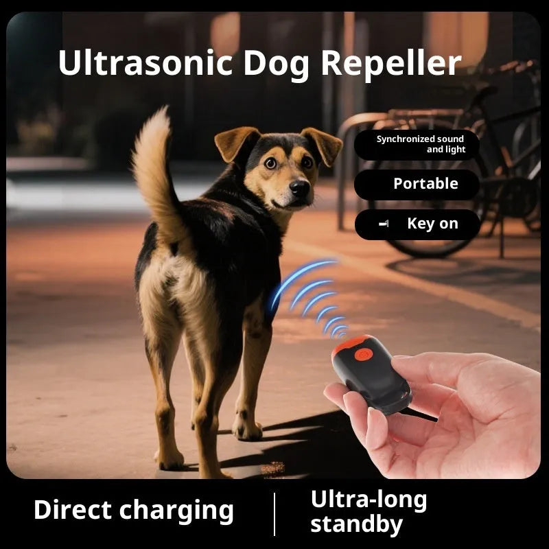 Mini ultrasonic dog dispeller in black and orange ABS, 3cm x 2cm x 6cm, handheld bark stopper for dogs and cats