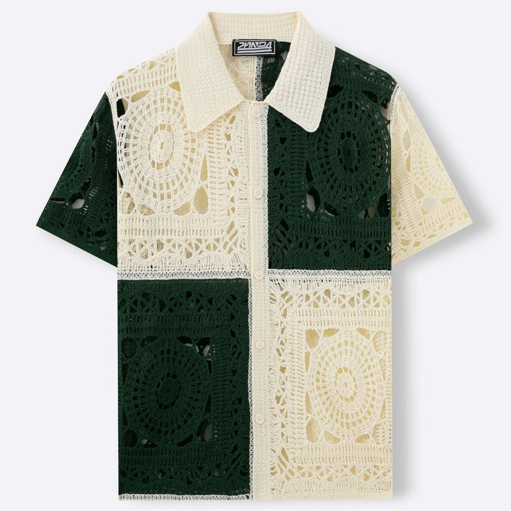 Men's beige colourblock short sleeve acrylic knit shirt with flocking detail on a hanger