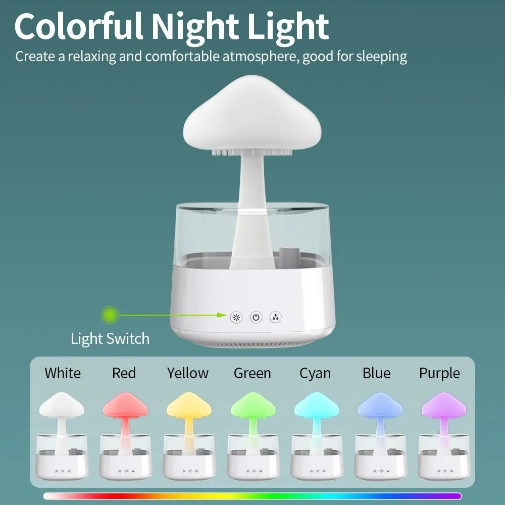 White raining cloud desk humidifier and night light with mushroom lamp design for aromatherapy
