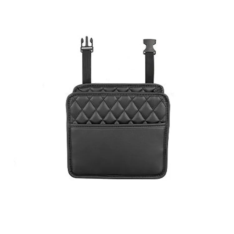 Leather car hanging storage bag and trash can in black, shown in a vehicle interior.
