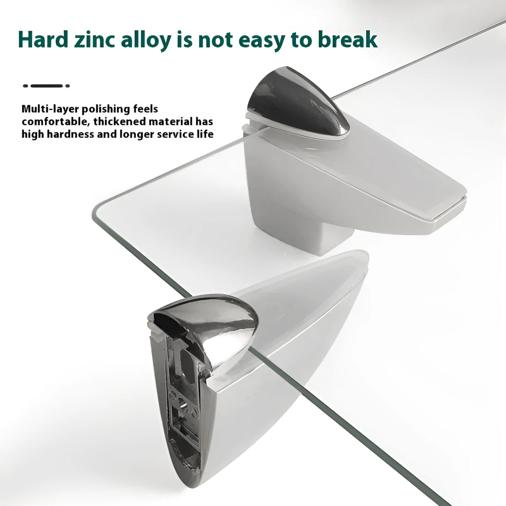 Electroplated metal adjustable clip for holding glass partitions or plates, shown in two different style options.
