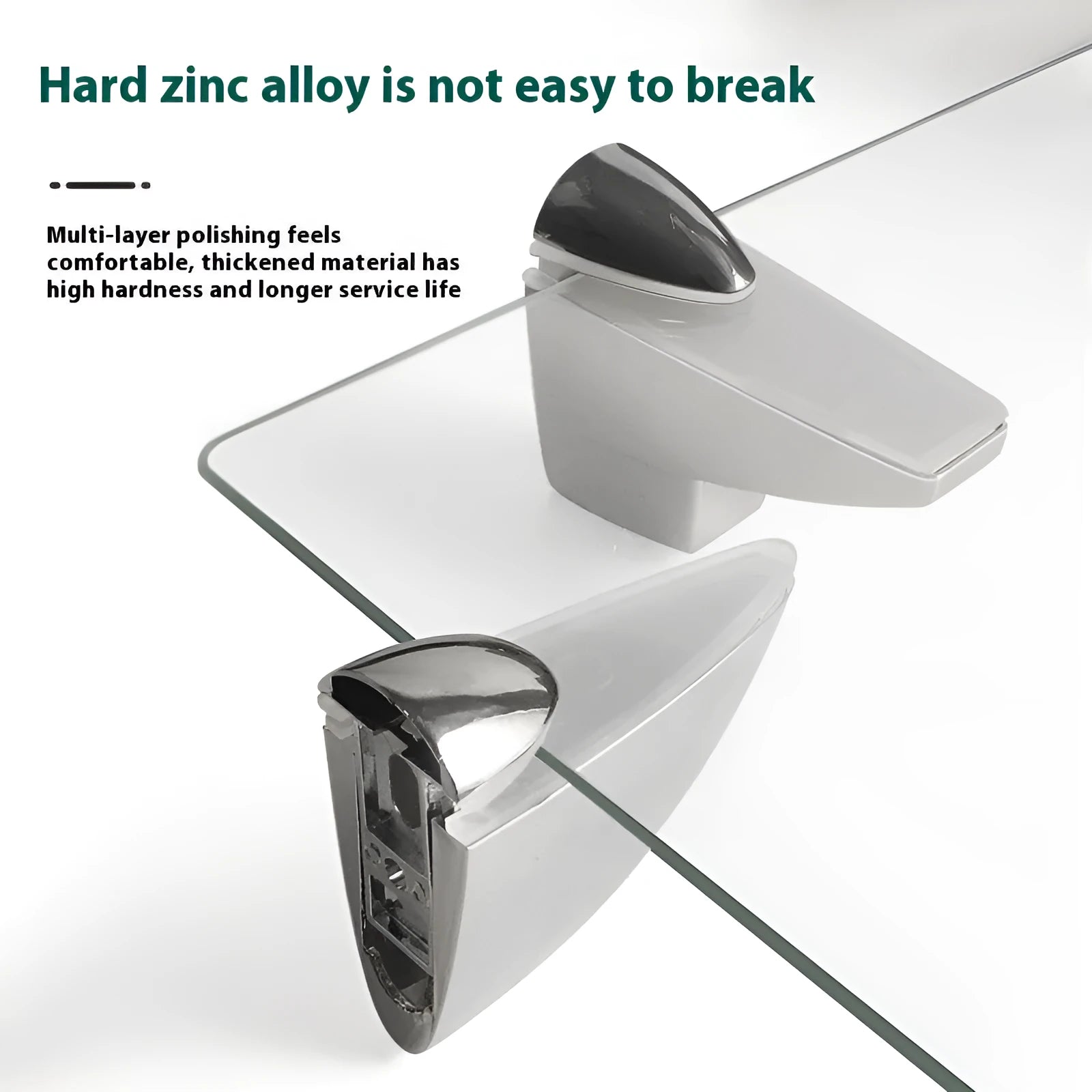 Electroplated metal adjustable clip for holding glass partitions or plates, shown in two different style options.