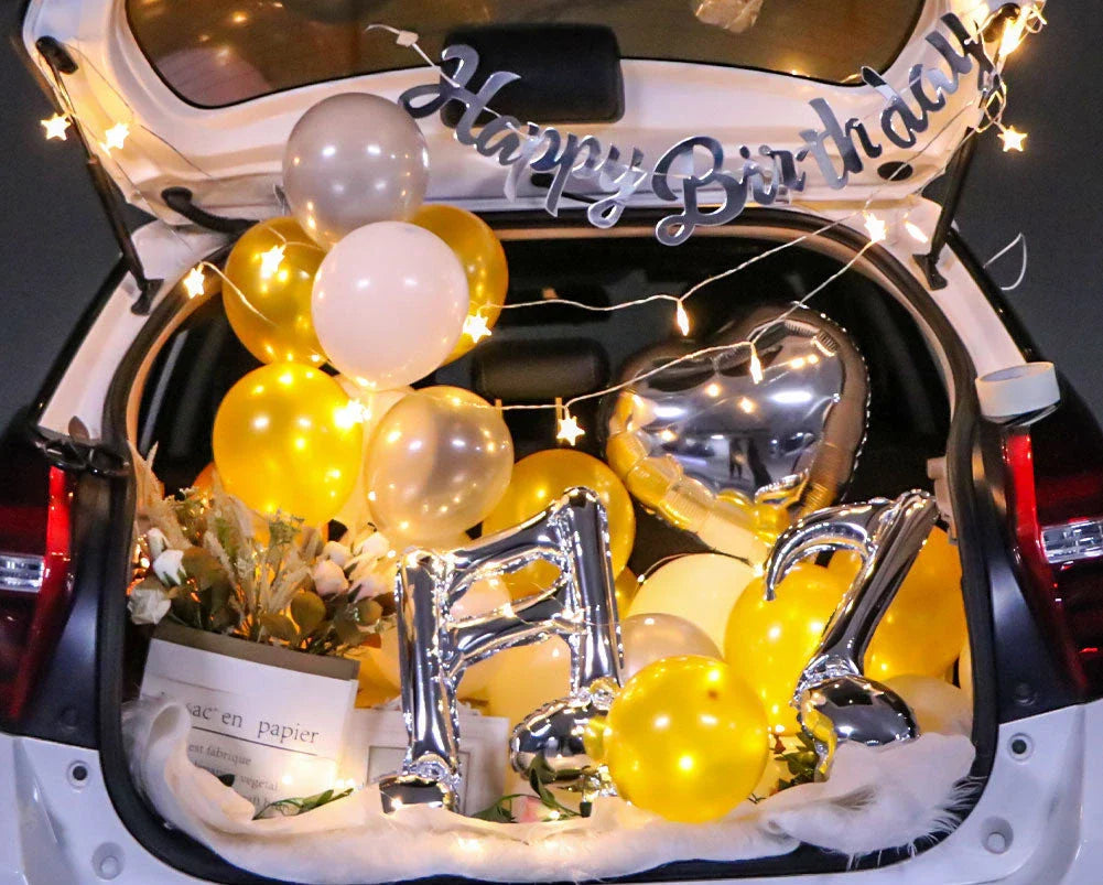 Romantic car trunk proposal decoration kit with balloons, ribbons, and accessories for creating a magical surprise