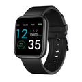 Black smart watch with a colour touch screen displaying health metrics including heart rate and blood oxygen.