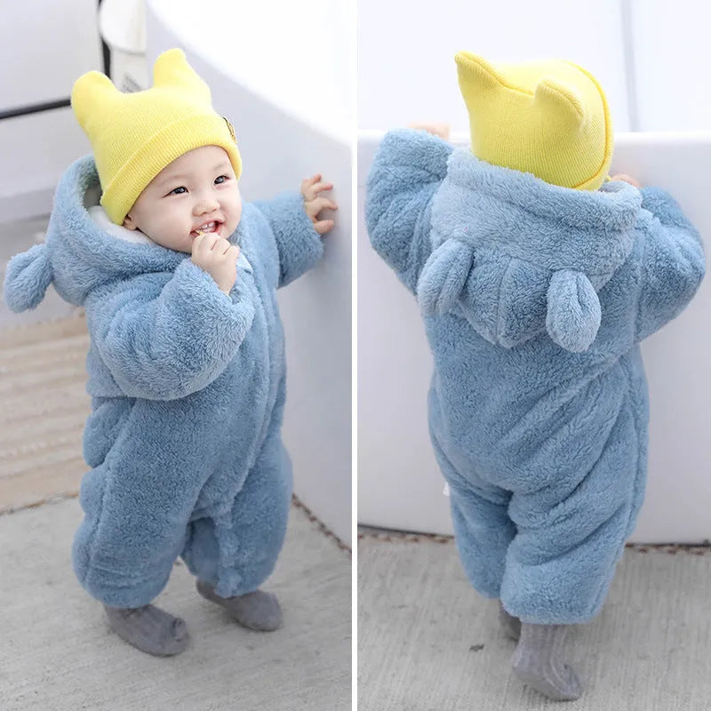 Flannel zipper bear baby jumpsuit for newborn in blue on white background showing full front view