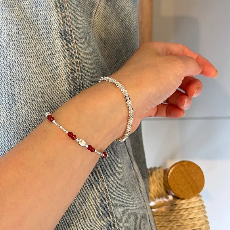 925 sterling silver bracelet with red agate carved round beads, geometric women's ins style, colour B6985 or B3050