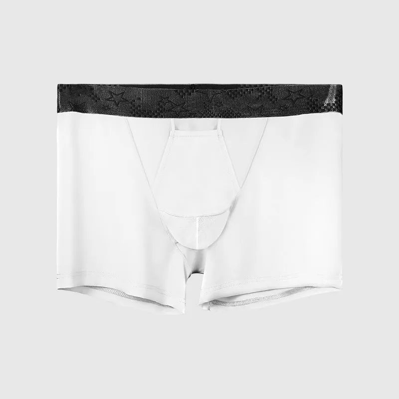 Men's ice silk knit boxer briefs in five colours showing mid-waist sport design