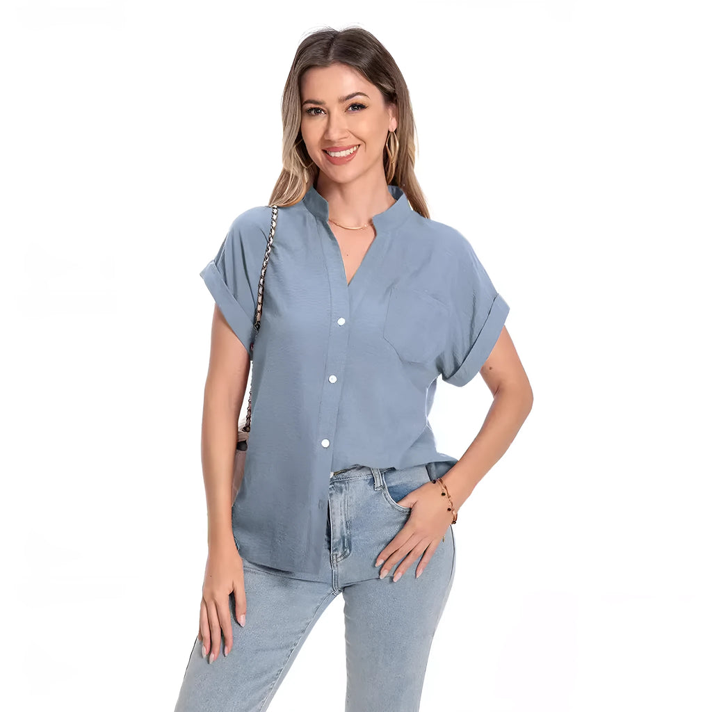 Women's stand collar button summer top in loose fit with short raglan sleeves