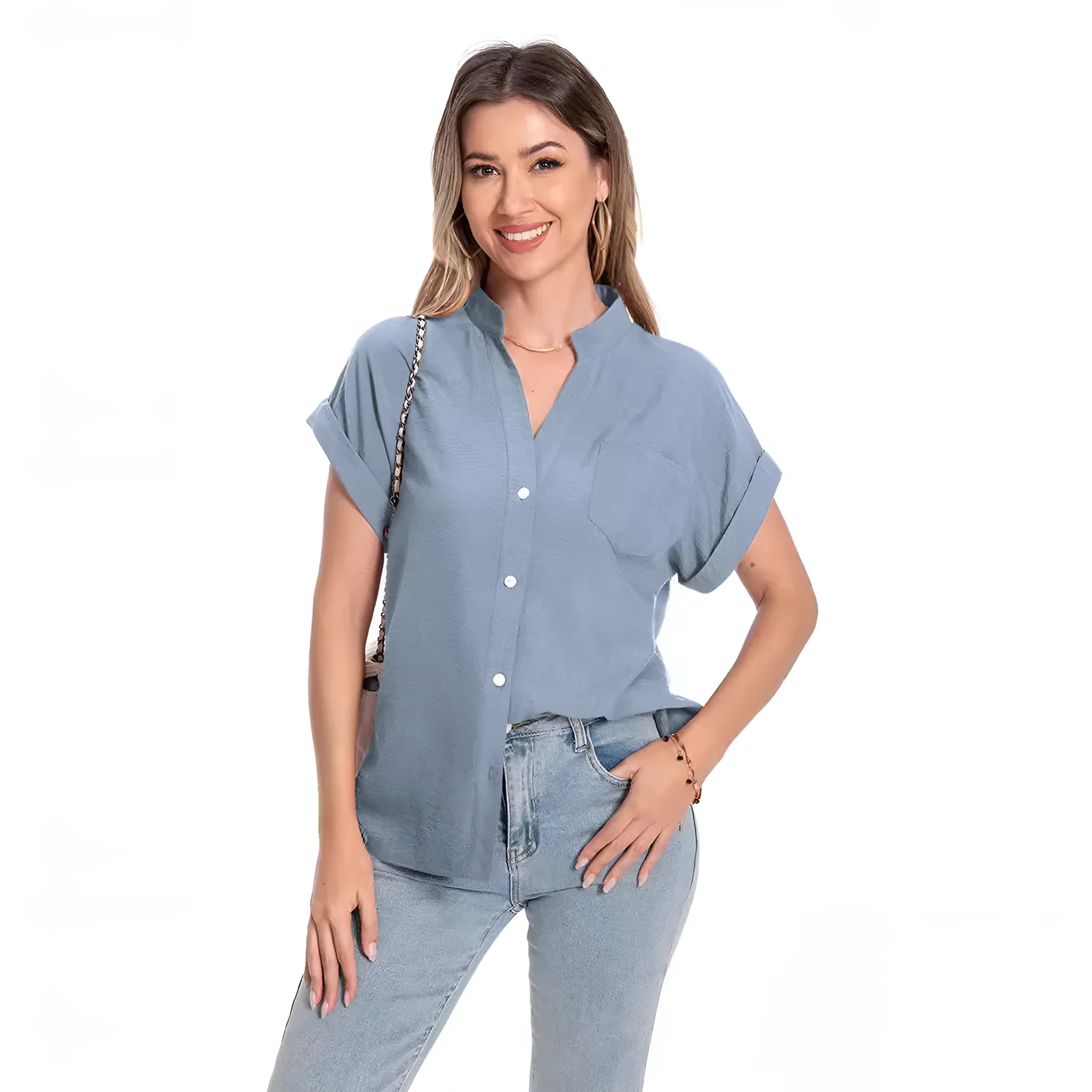 Women's stand collar button summer top in loose fit with short raglan sleeves