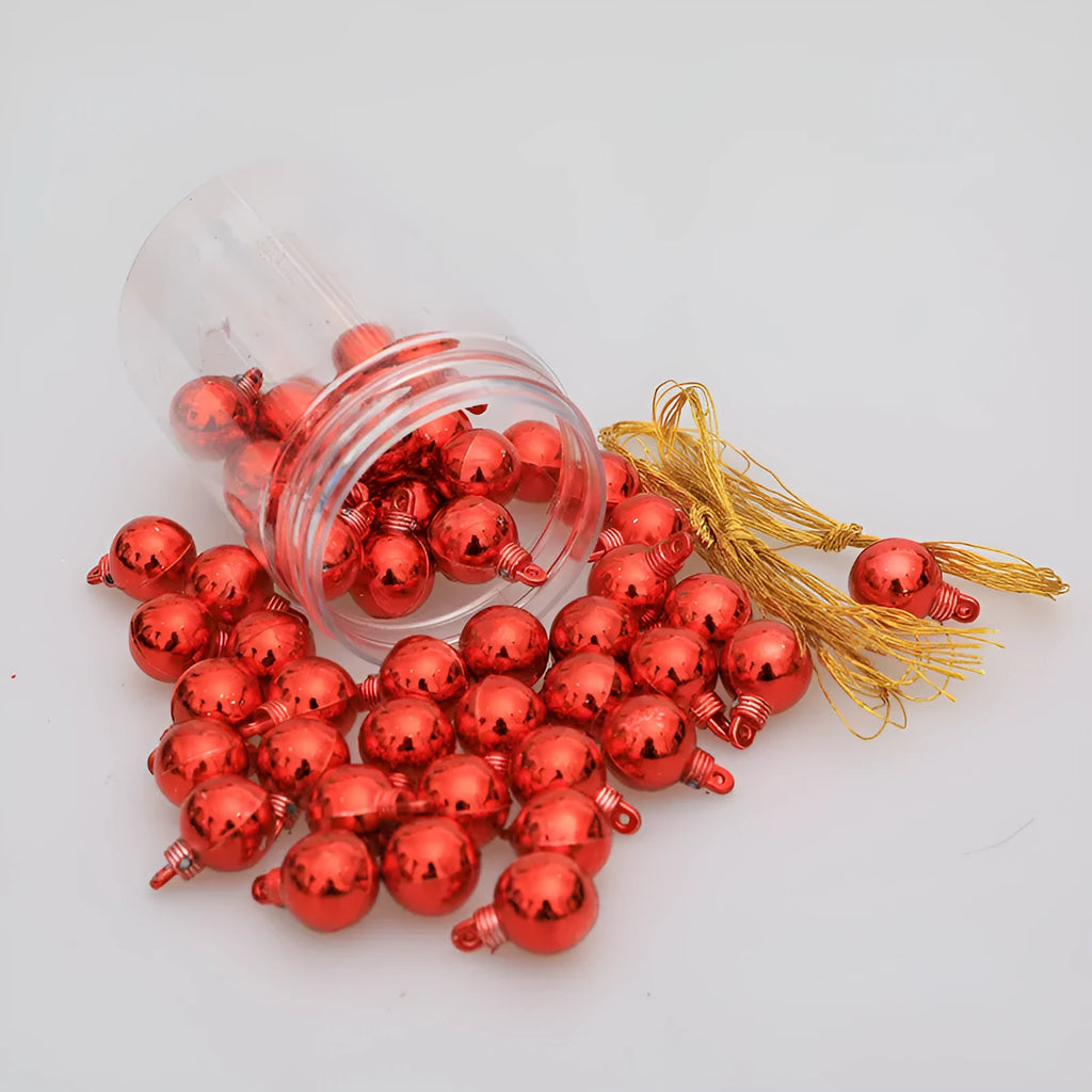 48 mini electroplated glossy Christmas hanging balls in red, gold, silver, rose, blue, and green