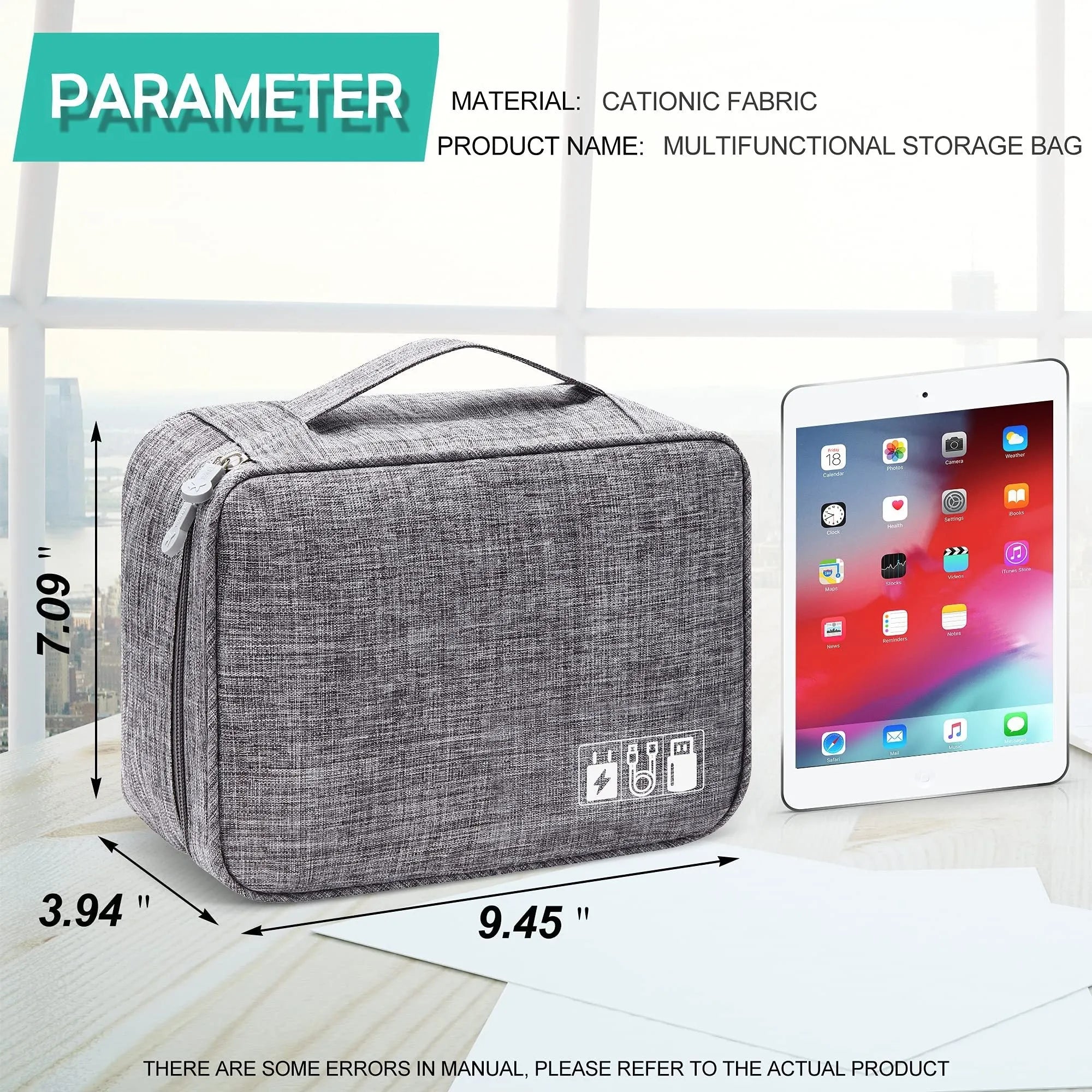 Black and grey waterproof travel cable organiser bag open, showing mesh pockets and removable padded dividers inside.