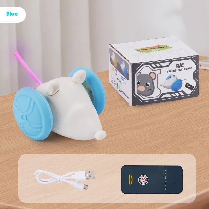 Electronic cat toy mouse with remote control in blue and yellow colour options