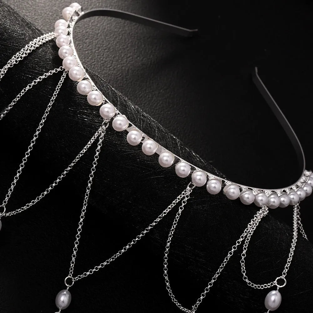 Gold mesh tassel hair chain with genuine pearl decorations for women's fashion styling