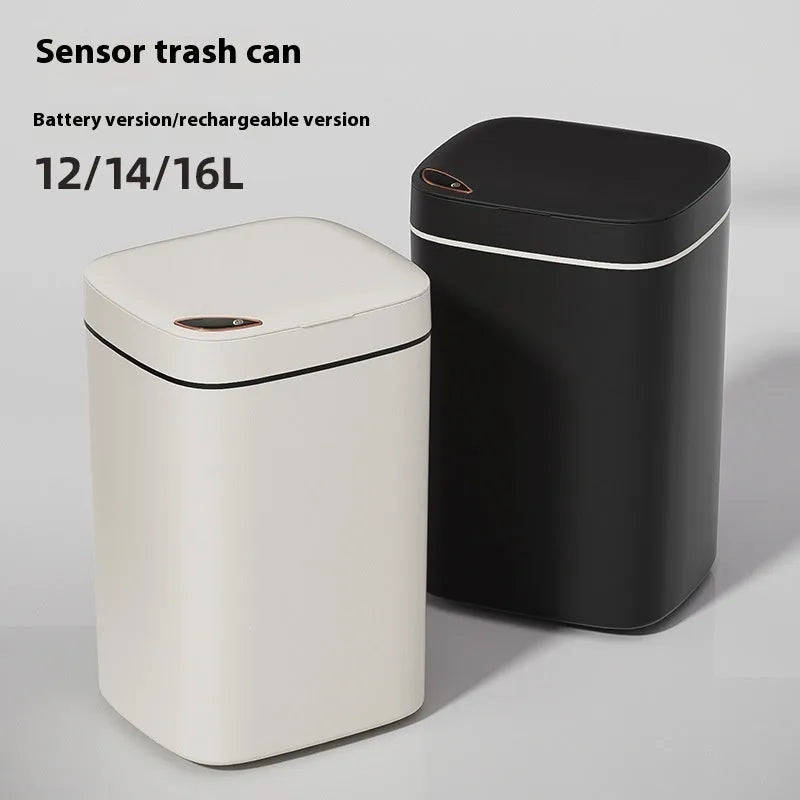 Square automatic sensor kitchen bin with open lid in milky white colour