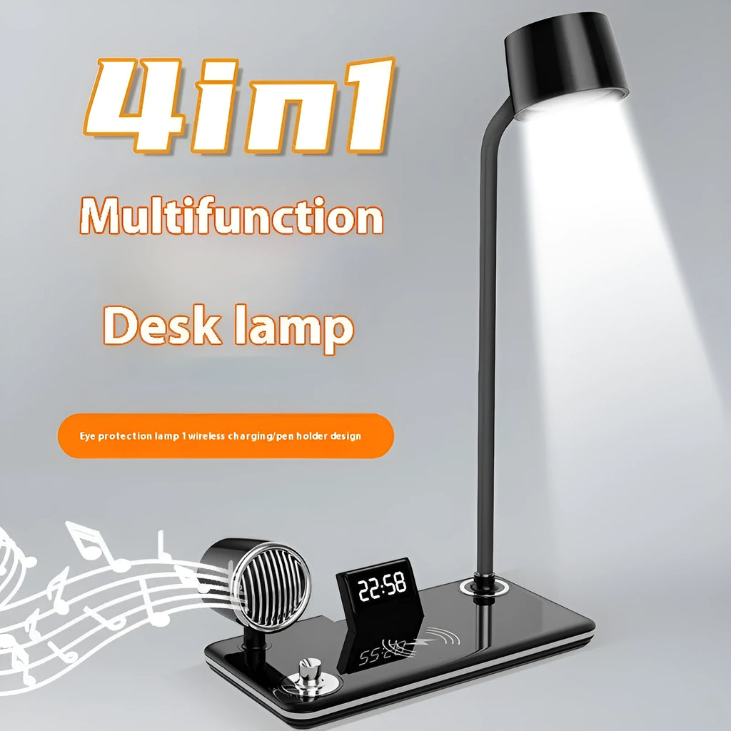 White intelligent wireless charging lamp with digital clock display on a wooden table.