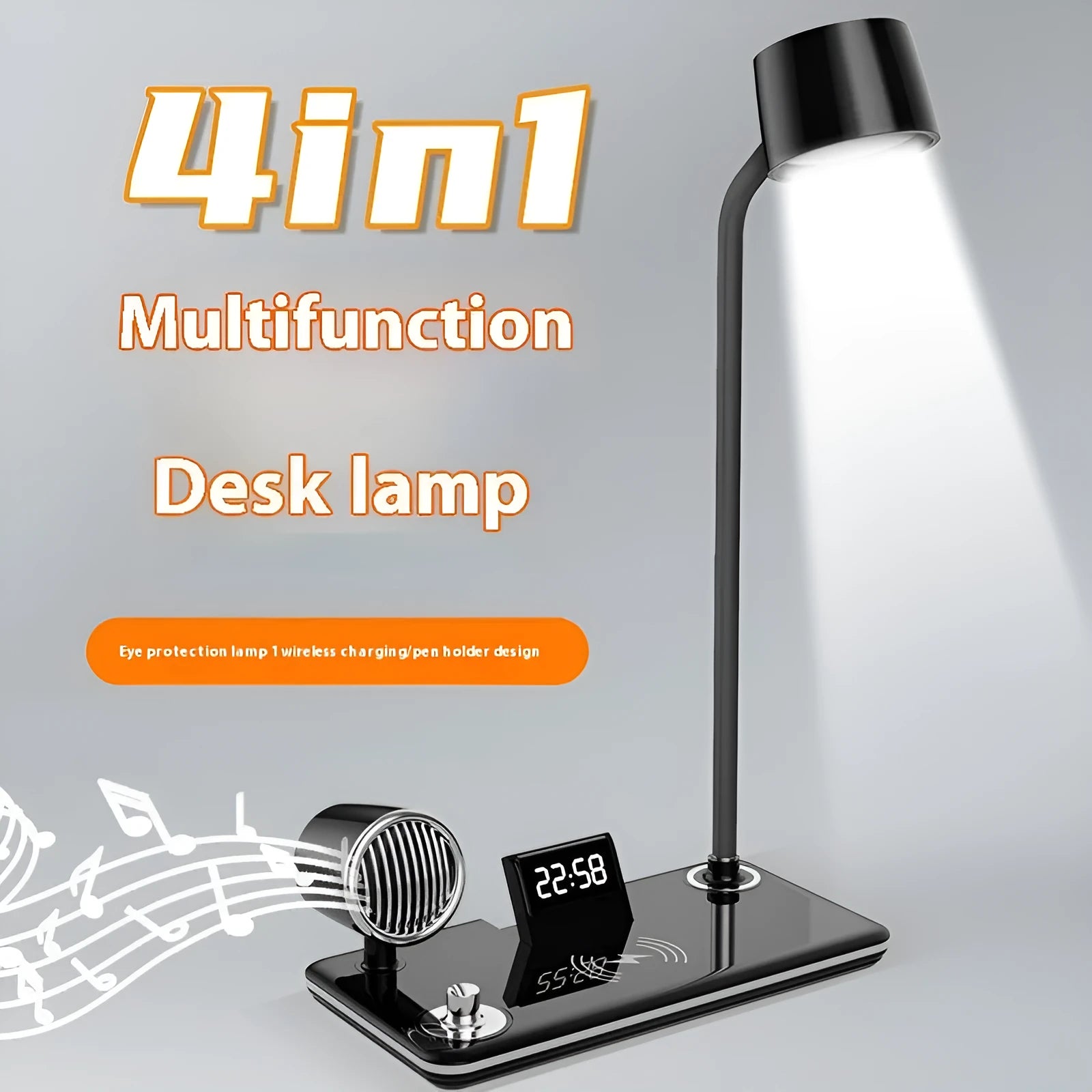 White intelligent wireless charging lamp with digital clock display on a wooden table.