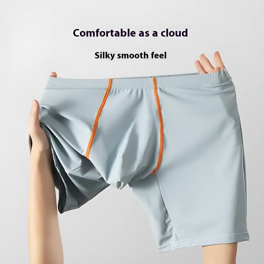 Ice silk nylon men's boxers on a mid-waist hanger, showing the U-convex pouch and available colour options.