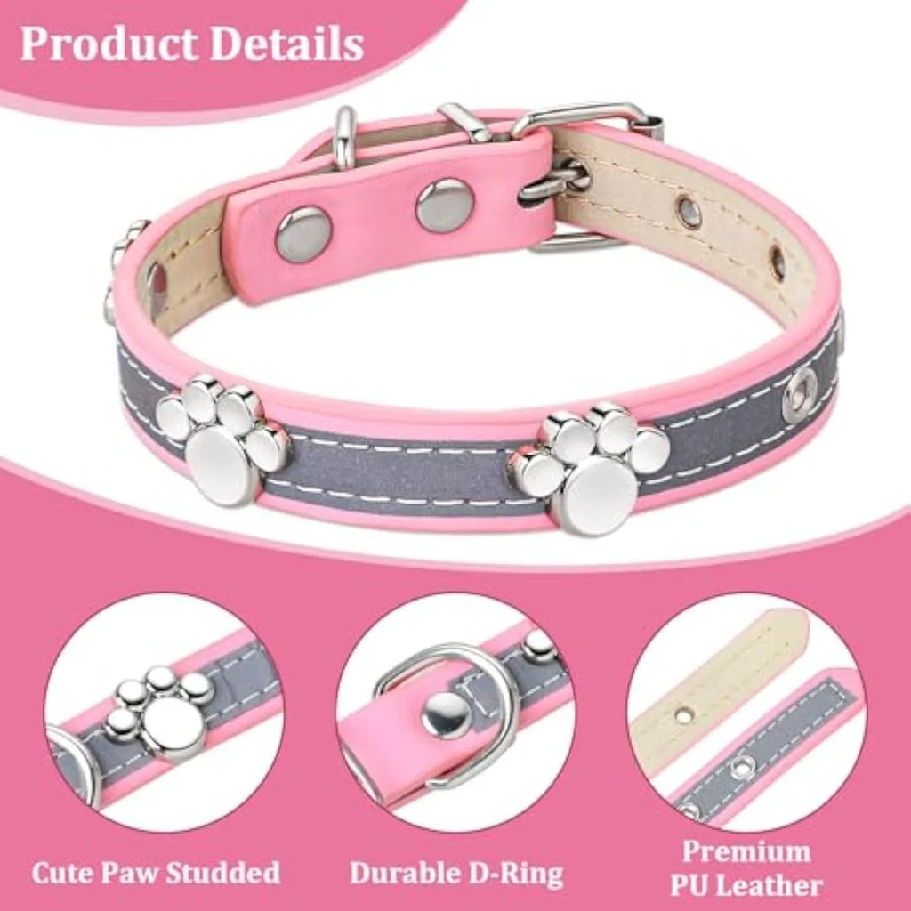 Reflective adjustable PU leather dog collar with metal paw rivet on a grey background.