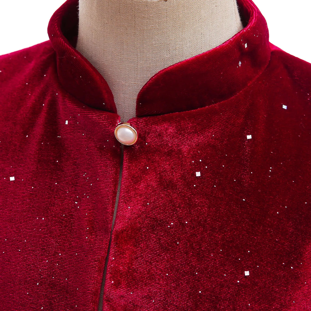 Girl's Red New Year Cape Cloak for Autumn and Winter Warmth Burgundy Cotton Blend Single Button Closure European Princess Style Suitable for Height 100cm to 150cm Solid Color Regular Thickness