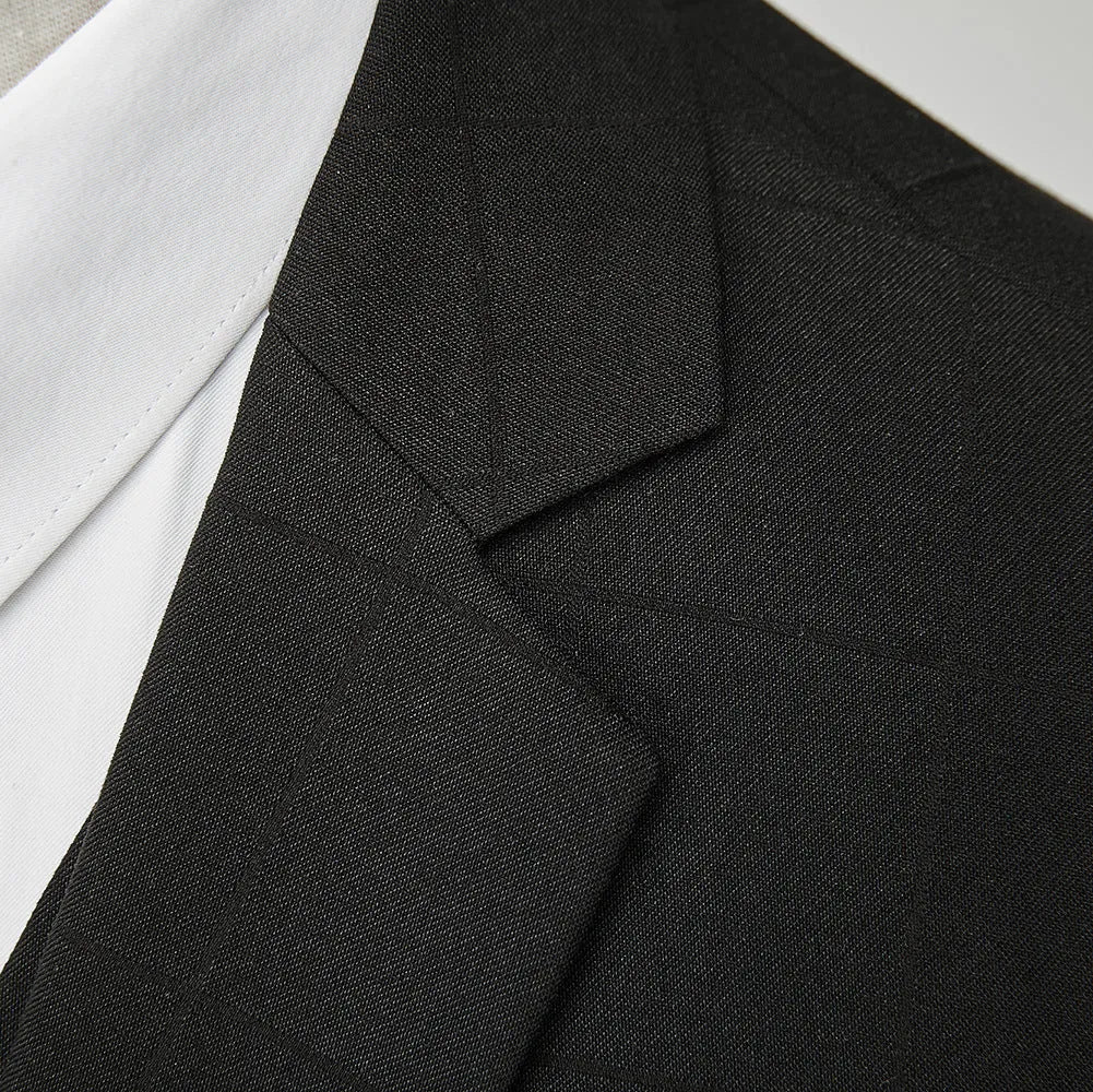 Men's navy blue slim fit three-piece plaid suit with vest, jacket and trousers on hanger