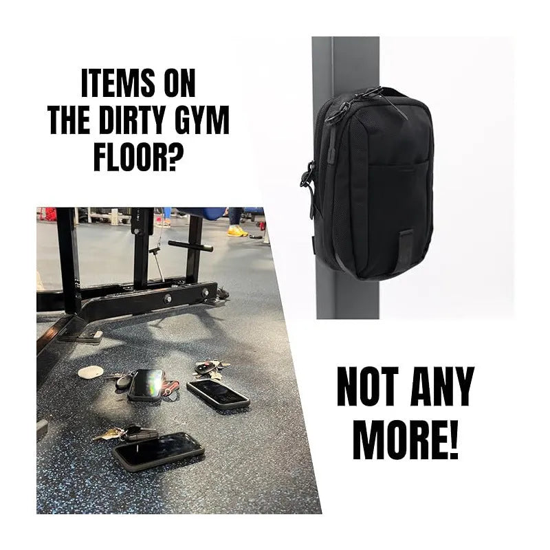 Black Oxford cloth fitness pannier bag with magnetic closure and polyester lining, hanging storage for indoor sports.
