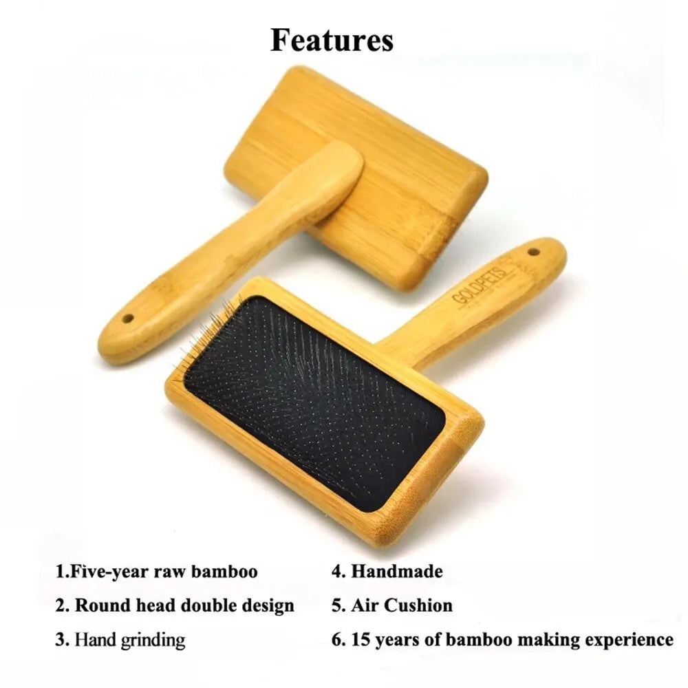Goldpets bamboo handle pet slicker brush with stainless steel pins for grooming cats and dogs.