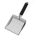 Black metal cat litter scoop with 0.8cm spacing between tines for waste removal