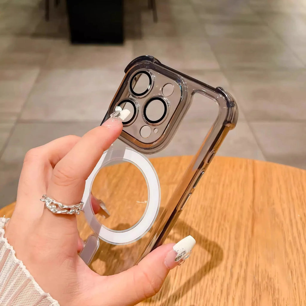 Transparent silicone airbag phone case for iPhone with raised camera lens protector.