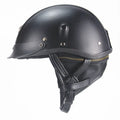 Black retro handmade leather half helmet for motorcycles on a plain background.