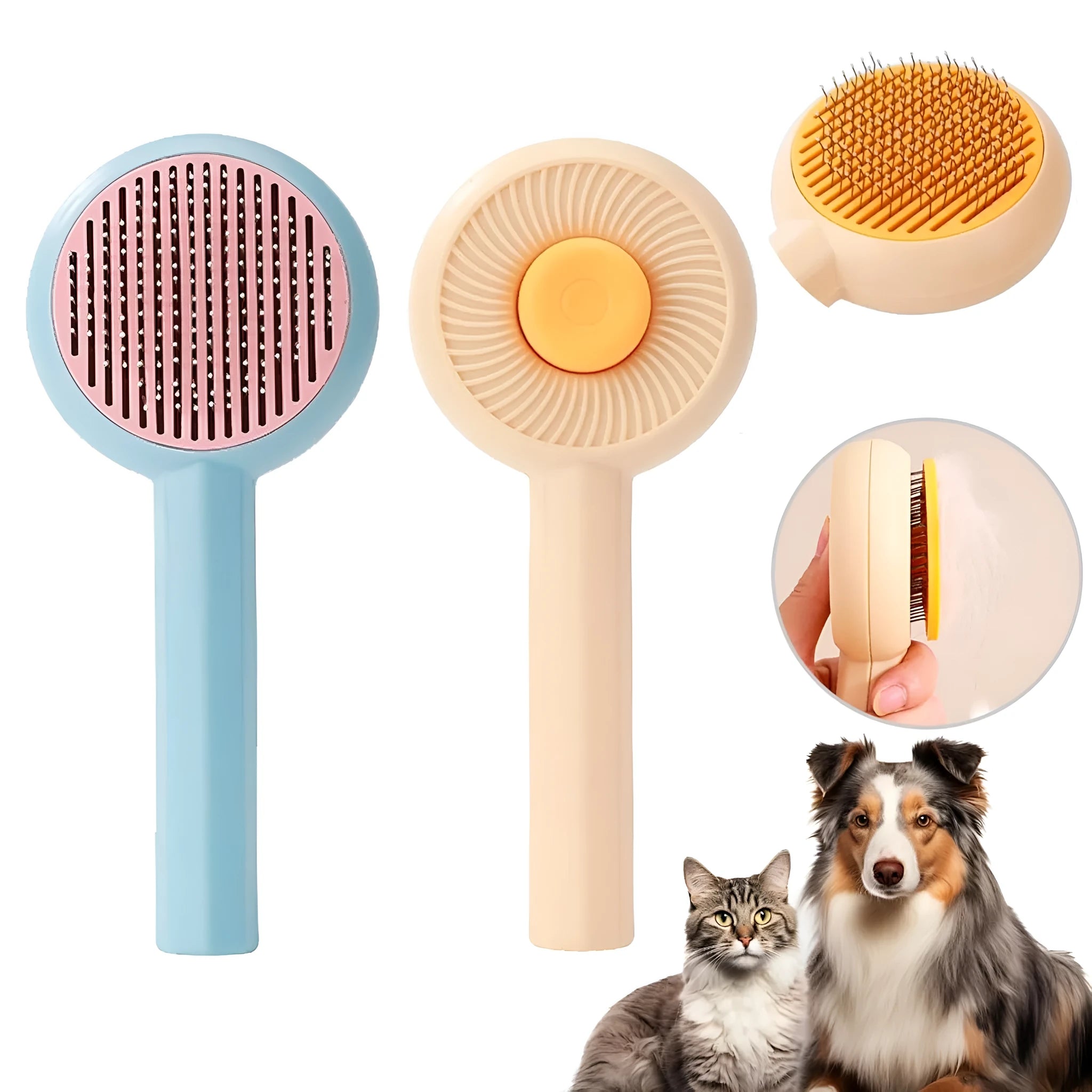 Blue and yellow pet grooming brush with self-cleaning button and angled metal needles