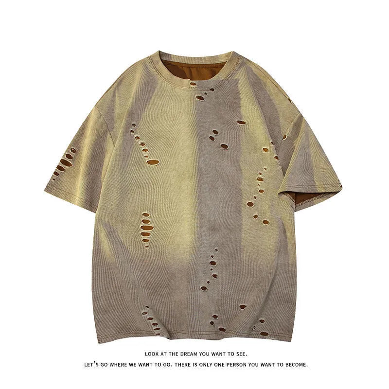 Men's loose fit ripped short sleeve cotton blend T-shirt in blue grey khaki colours