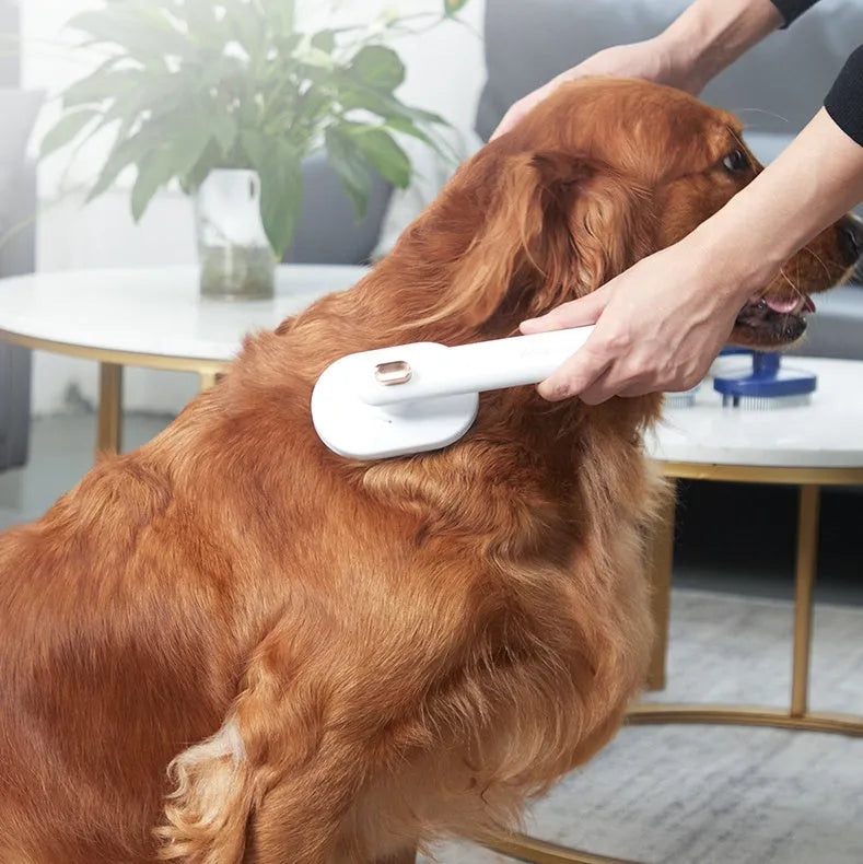 Self-cleaning pet comb for dogs with arc needle head in white, light blue, dark blue options on clean background