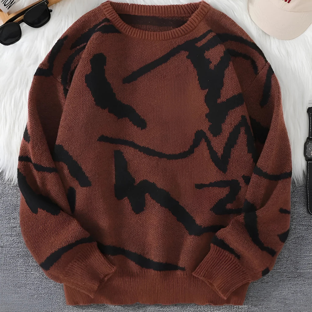 Red graffiti jacquard pullover with long sleeves and loose fit for male teenagers