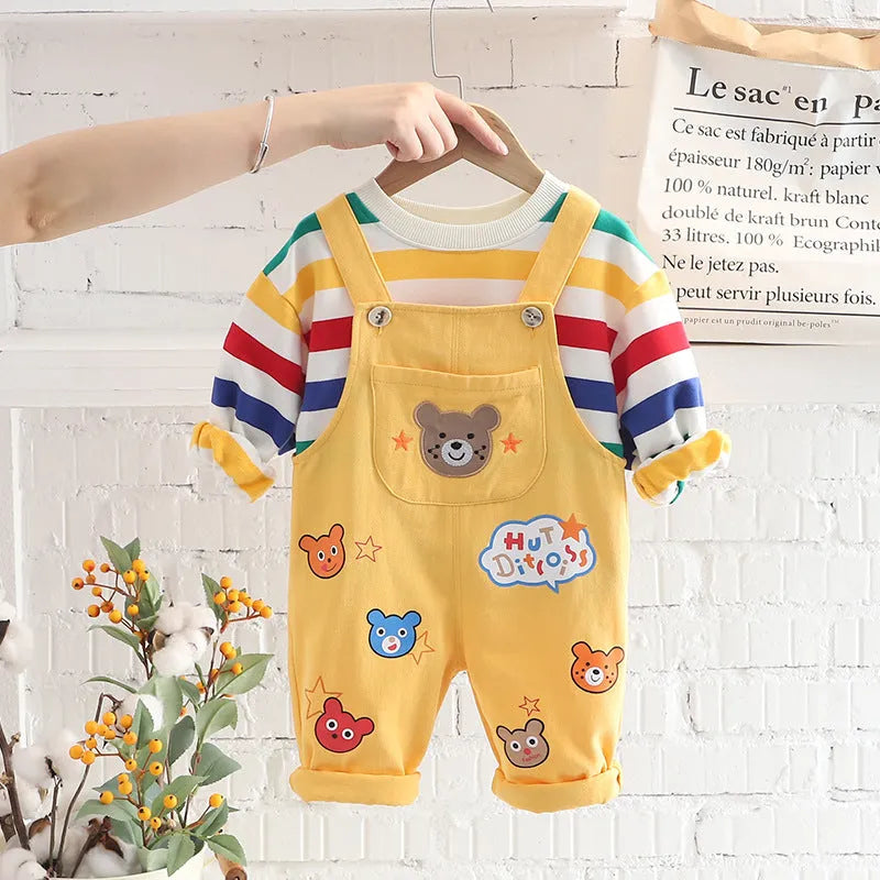 Boys' yellow beige plaid cotton overalls suit with button-up shirt and strap trousers