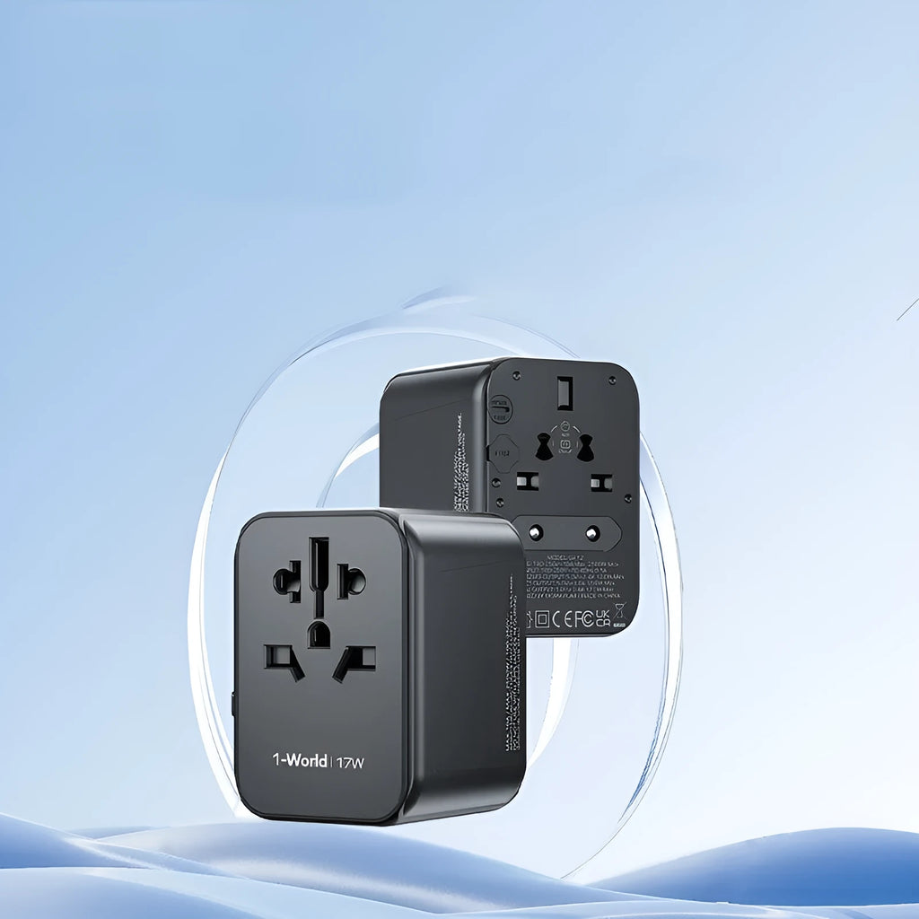 Universal travel adapter UA12 with 4 outlets and USB ports, black, 70x64x48mm