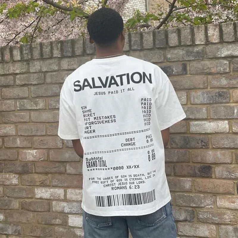 Jesus Paid It All letter print T-shirt in apricot, round neck, 100% polyester casual top