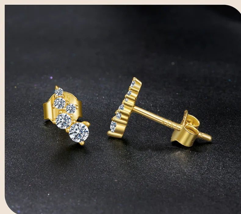Geometric moissanite stud earrings in 925 silver with bubble design gold finish