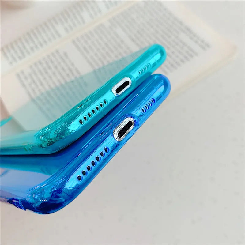 Transparent fluorescent TPU phone case for Apple iPhone 13 14 15, back cover in dark blue orange purple yellow rose light purple.