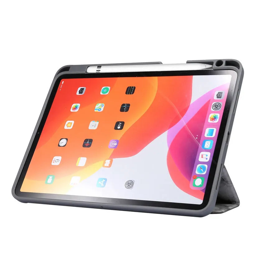 Tri-fold marbled imitation leather iPad case with a visible pen slot, shown in dark grey.