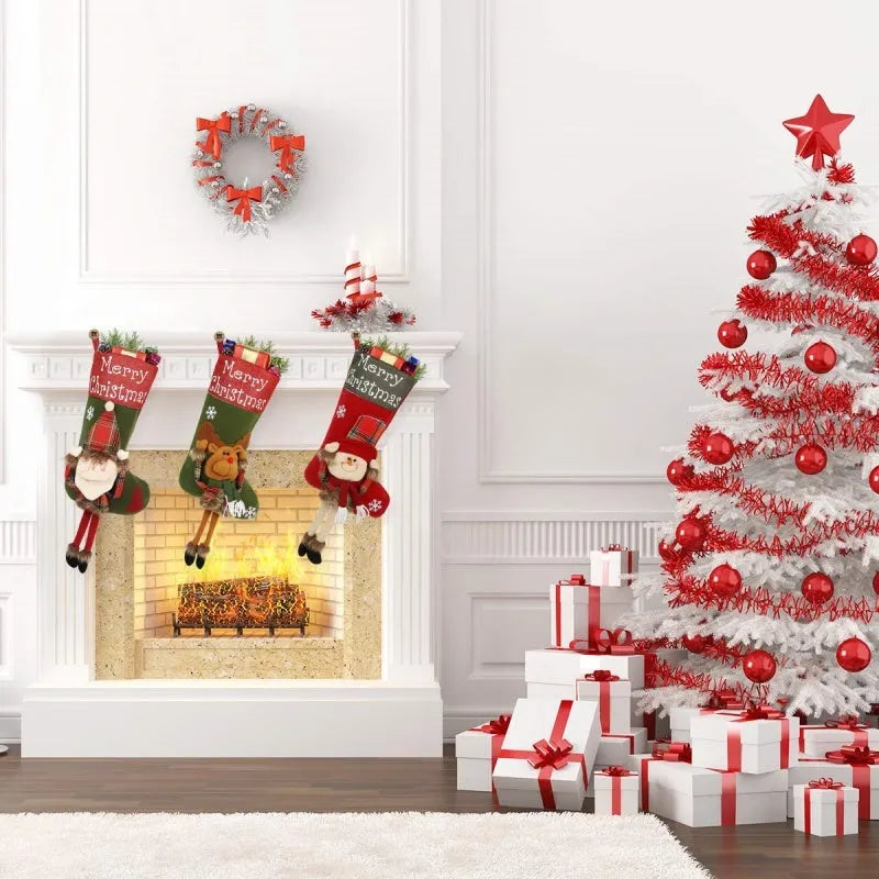 Three large Christmas stockings with Santa, Snowman and Reindeer designs hanging from a mantelpiece
