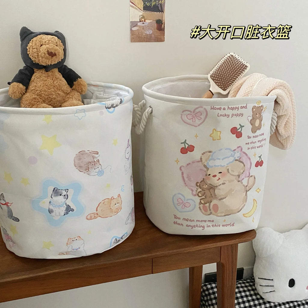 Foldable cotton laundry basket in mint green west highland pattern showing large capacity and collapsible design