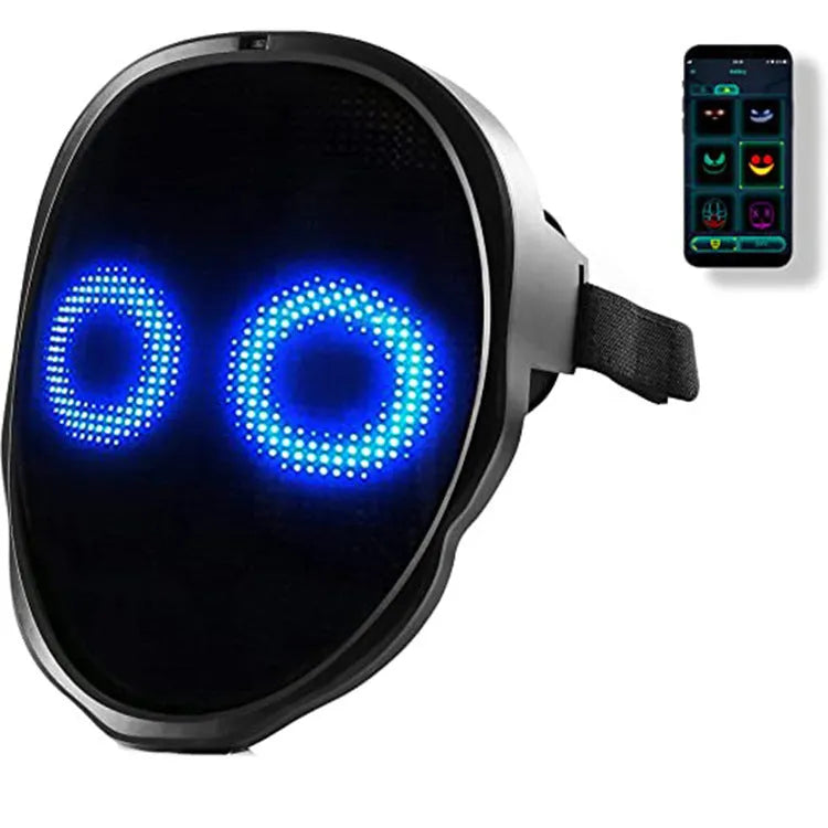 Avengers-themed electronic LED face mask with multi-colour changing lights on display.