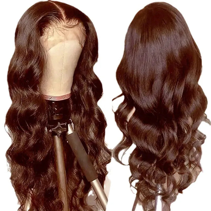 Women's long curly dark brown front lace wig with side bangs, exotic European American style