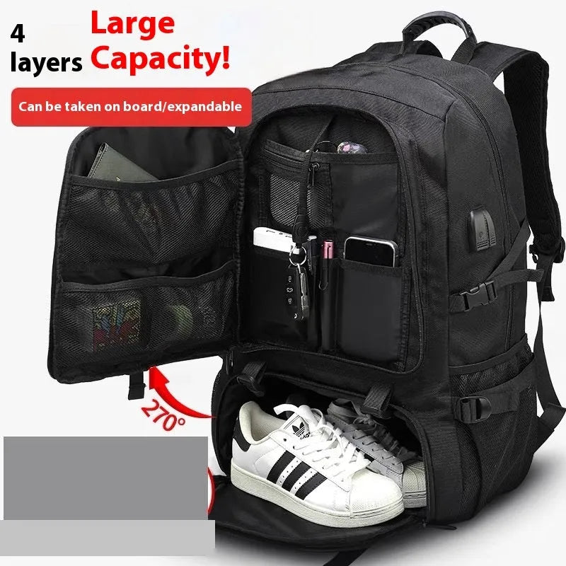 Black men's backpack, 56-75L Oxford cloth, waterproof, USB interface, extended storage