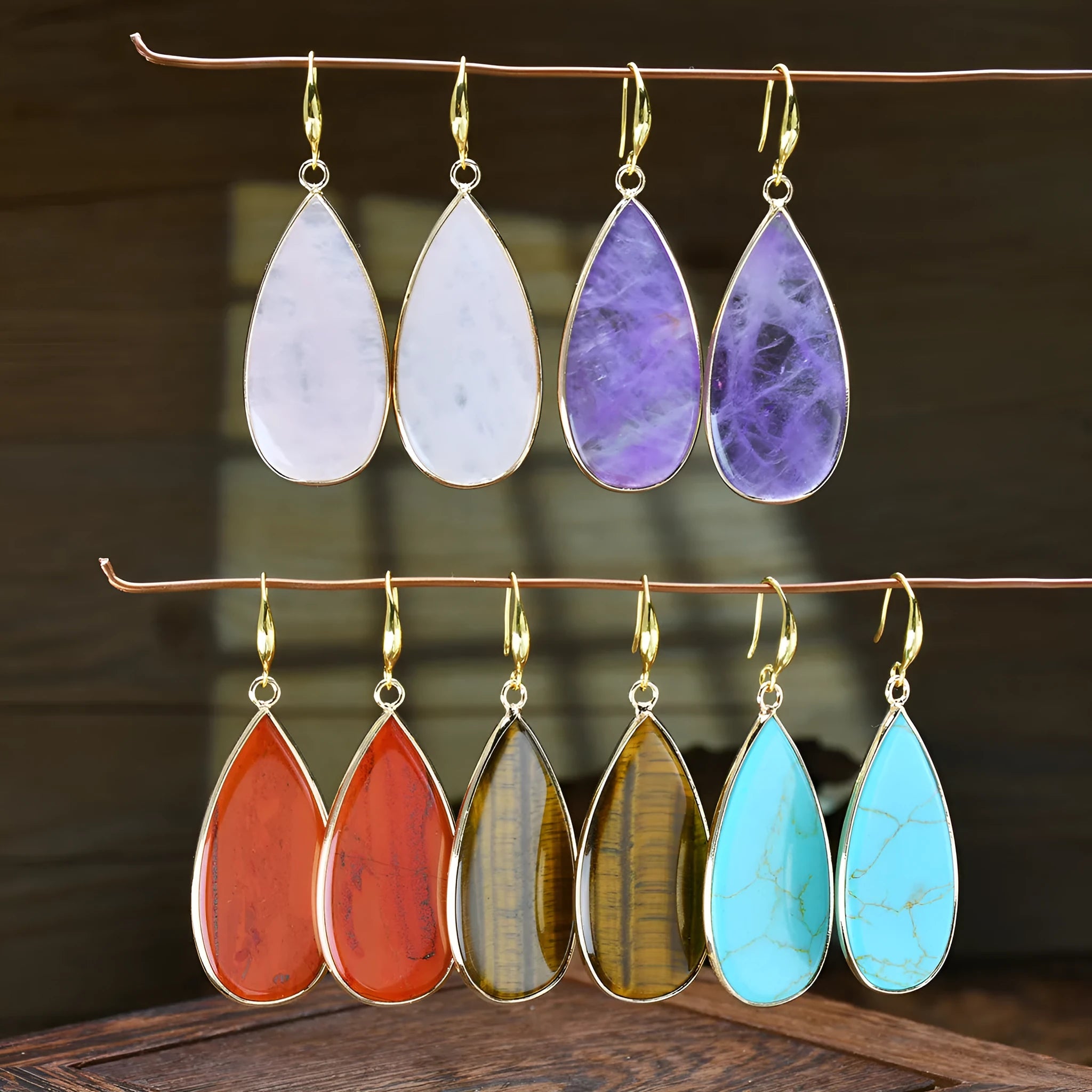 Vintage tigereye long water drop earrings with stone materials and manual processing