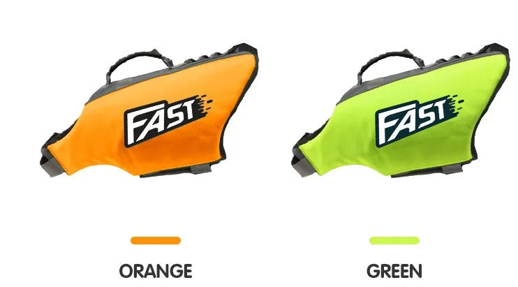 Reflective dog life jacket in orange and green, Oxford cloth and pearl cotton, sizes S-XL for medium and large dogs.