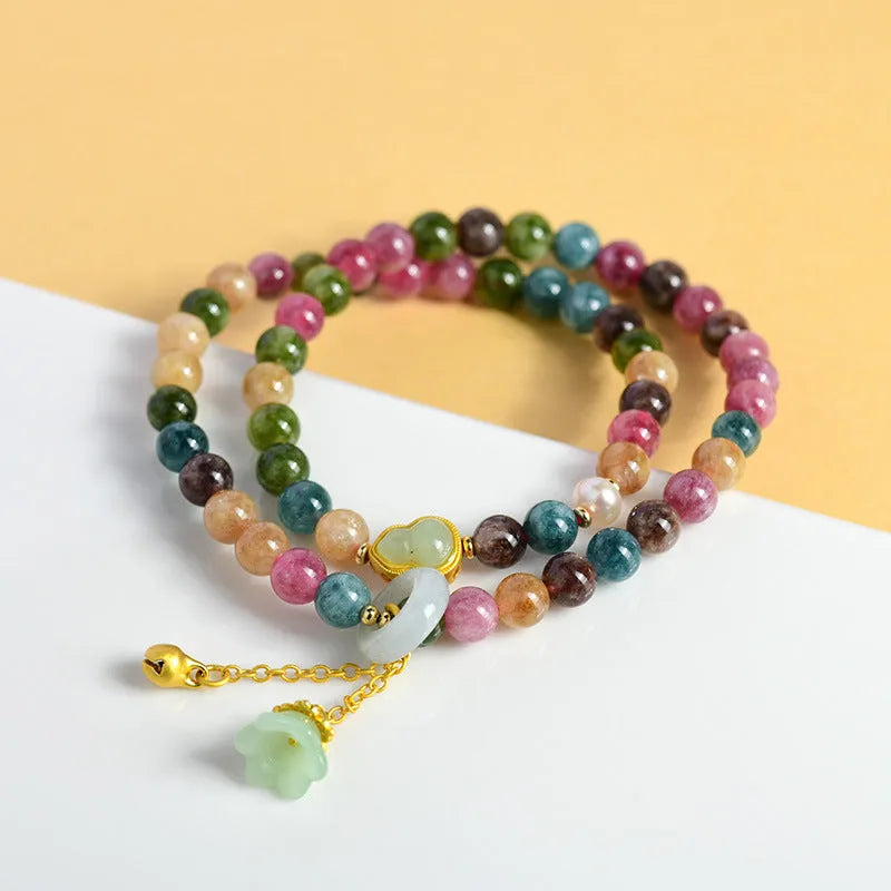 Women's double ring bracelet with geometric 6-6.5mm chalcedony beads in natural crystal tourmaline